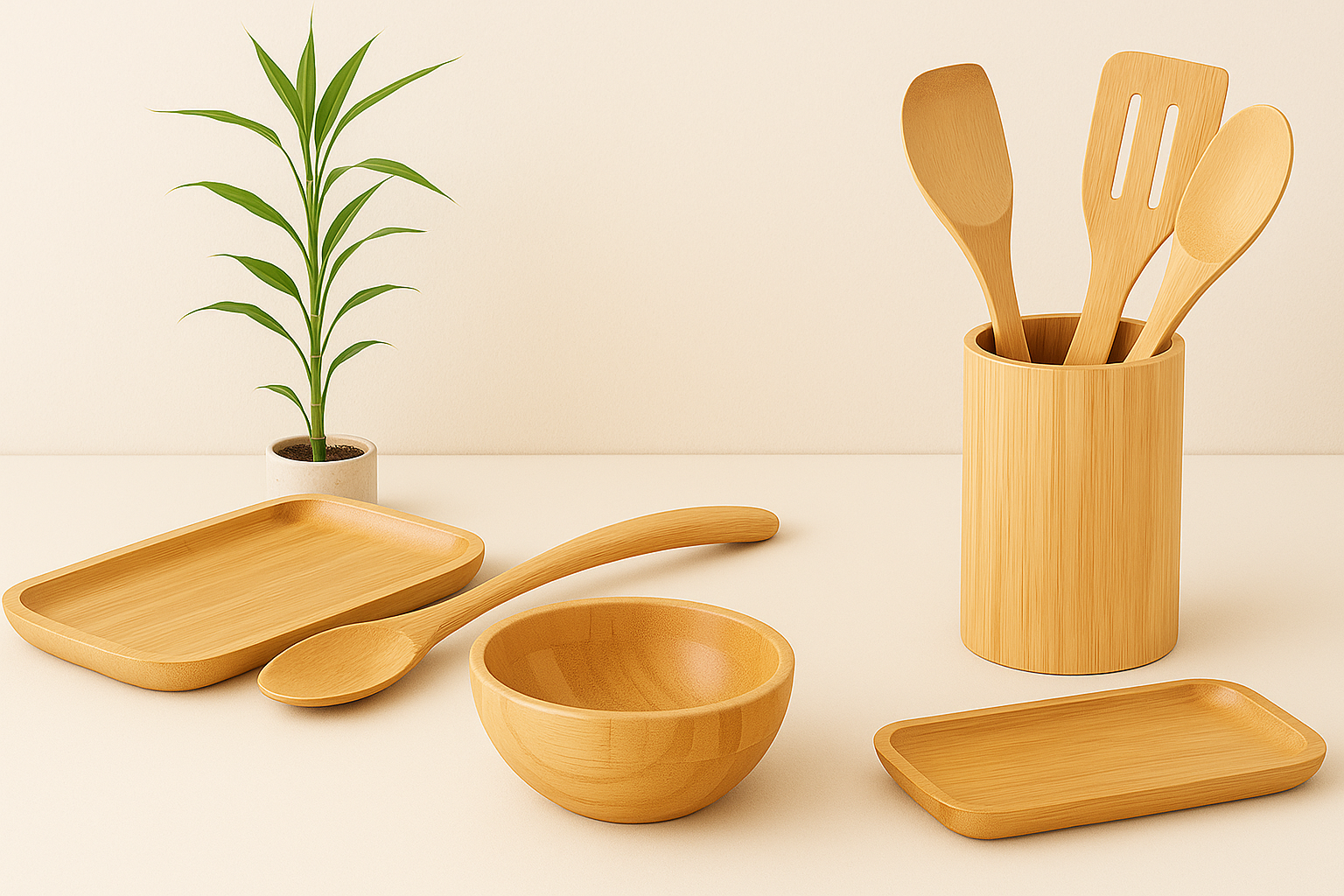 Set of wooden kitchen utensils including spoons, spatulas, and bowls on a light background.

