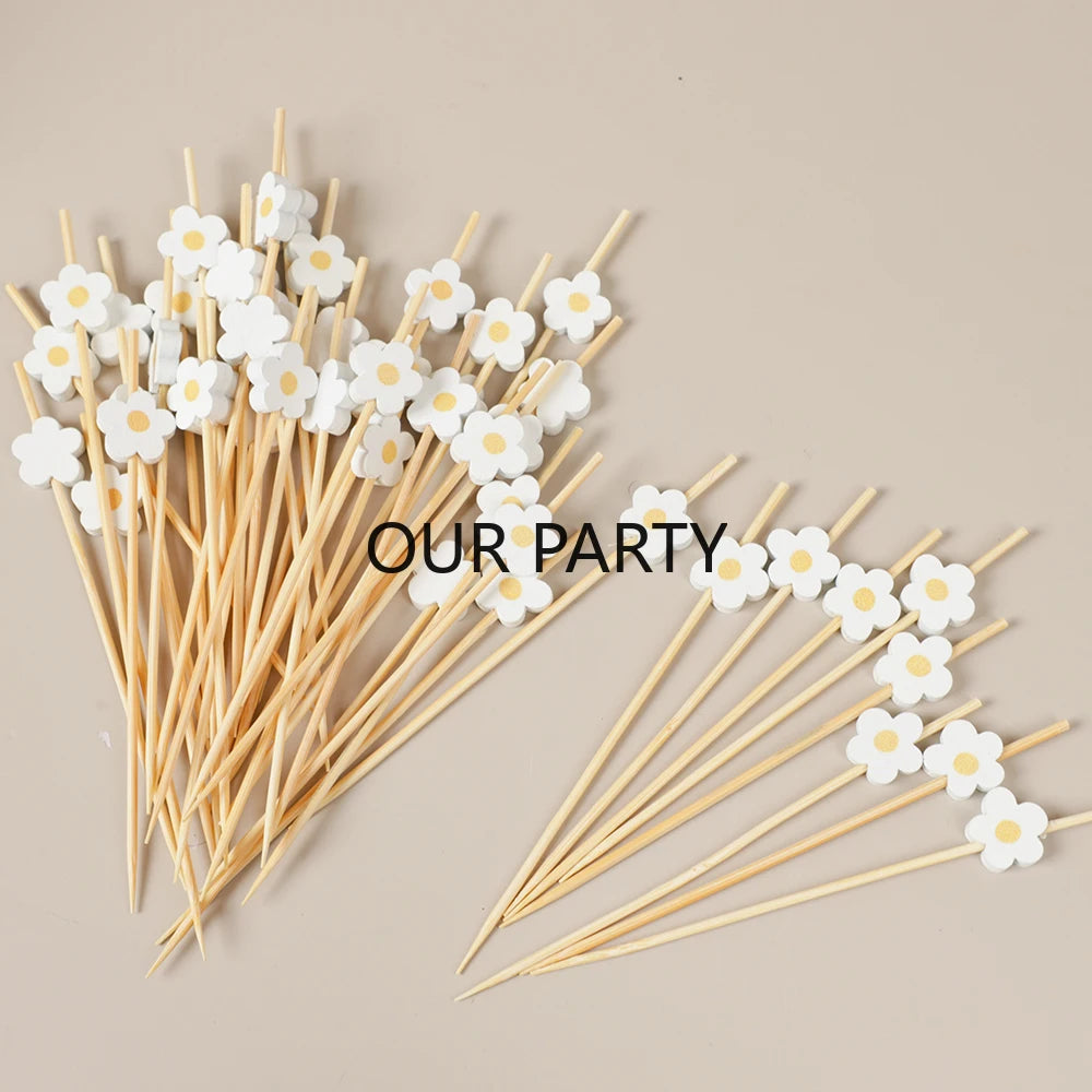 100Pc Sweet Daisy Flower Disposable Bamboo Food Picks Dessert Fruit Forks for Kids Birthday Wedding Baby Shower Party Decoration