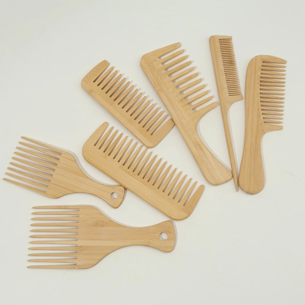 1pcs/7pcs Multiple Types Natural Bamboo & Wood Handmade Wooden Combs Collection, Wide & Fine Teeth