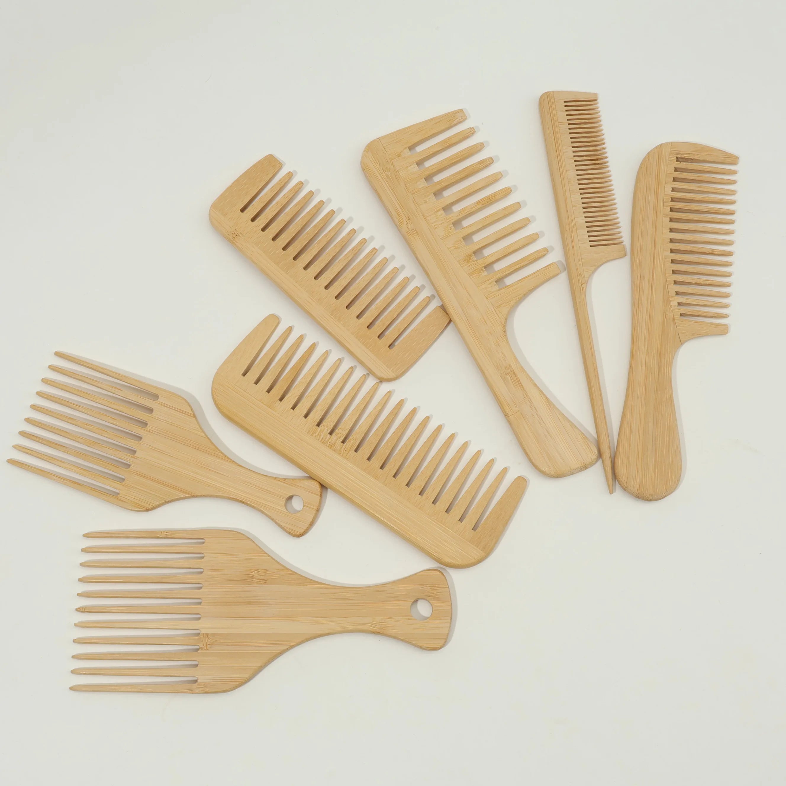 1pcs/7pcs Multiple Types Natural Bamboo & Wood Handmade Wooden Combs Collection, Wide & Fine Teeth