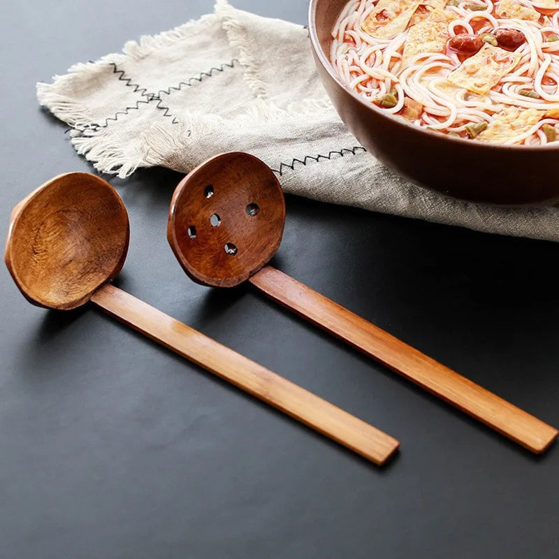 Japanese Spoon Long-Handled Soup Bamboo Spoon Cooking Wooden Lamian Noodles Spoon Hot Pot Strainer Household Kitchen Accessories