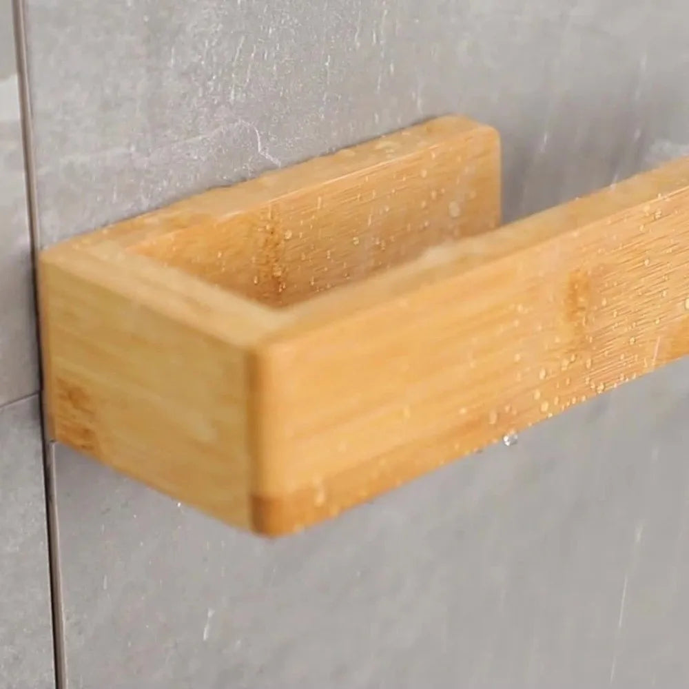 Durable Adhesive Bamboo Wooden Towel Rack Waterproof Toilet Storage Bathroom Organizer Wall-Mounted No Drill Shelf Bathroom
