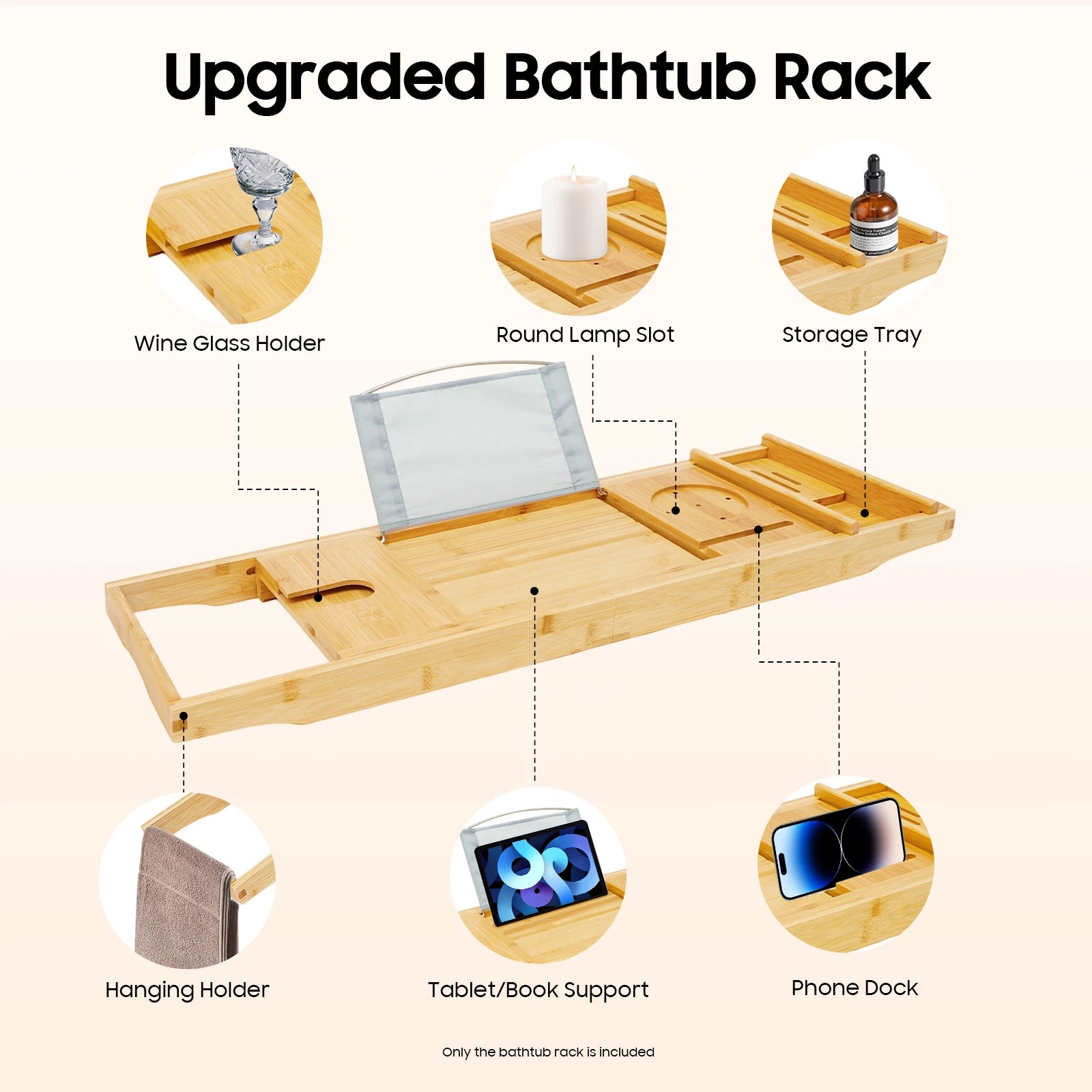 Bamboo Bathtub Tray  Expandable Bath Tray  Single Box+Soap Box  Waterproof Cloth  Hold Items  Log Color  for Bathrooms
