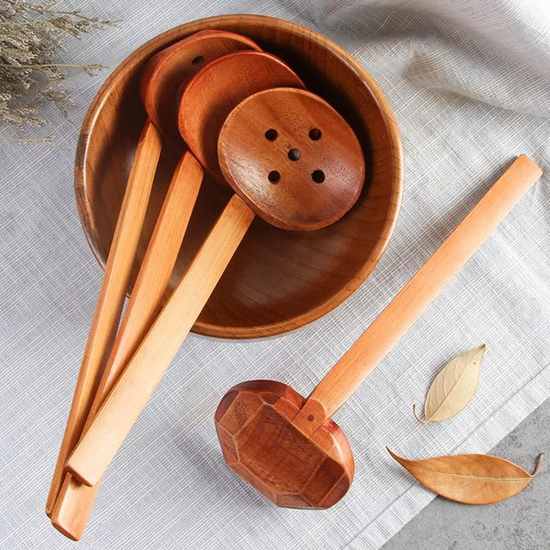 Japanese Spoon Long-Handled Soup Bamboo Spoon Cooking Wooden Lamian Noodles Spoon Hot Pot Strainer Household Kitchen Accessories