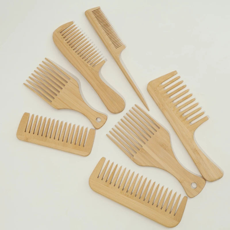1pcs/7pcs Multiple Types Natural Bamboo & Wood Handmade Wooden Combs Collection, Wide & Fine Teeth