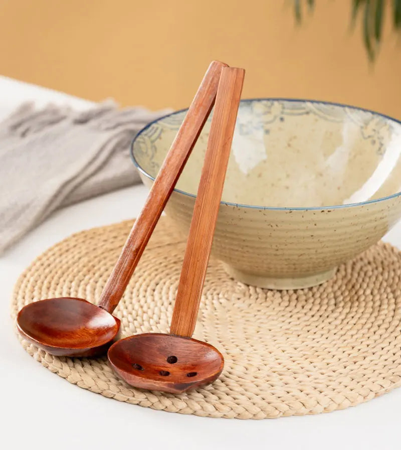 Japanese Spoon Long-Handled Soup Bamboo Spoon Cooking Wooden Lamian Noodles Spoon Hot Pot Strainer Household Kitchen Accessories