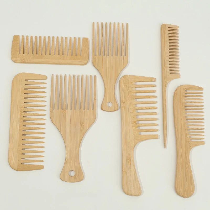 1pcs/7pcs Multiple Types Natural Bamboo & Wood Handmade Wooden Combs Collection, Wide & Fine Teeth