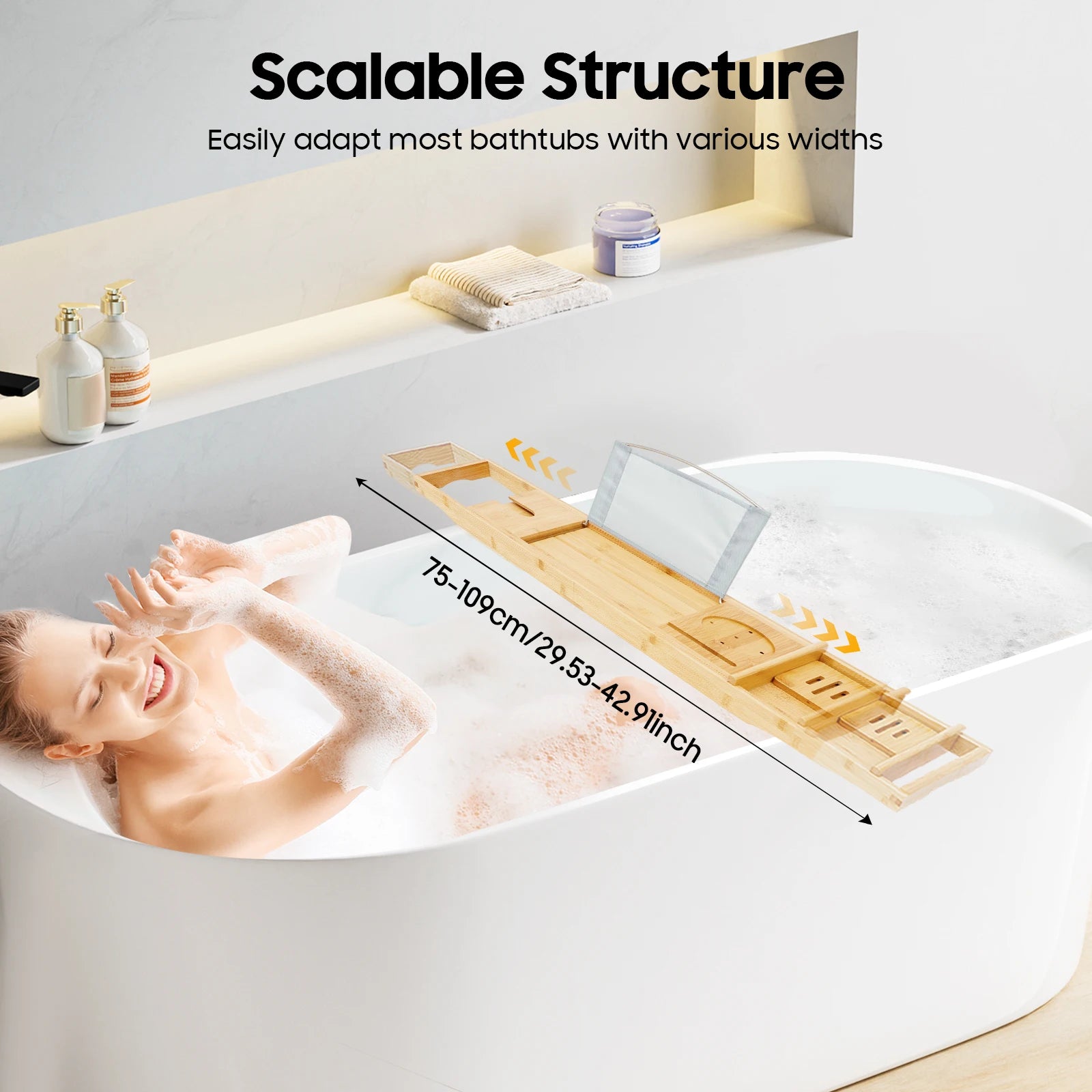 Bamboo Bathtub Tray  Expandable Bath Tray  Single Box+Soap Box  Waterproof Cloth  Hold Items  Log Color  for Bathrooms