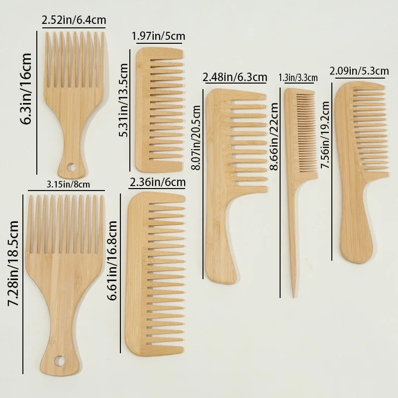 1pcs/7pcs Multiple Types Natural Bamboo & Wood Handmade Wooden Combs Collection, Wide & Fine Teeth