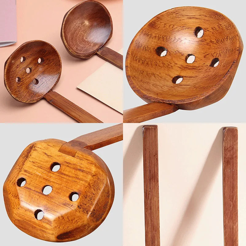 Japanese Spoon Long-Handled Soup Bamboo Spoon Cooking Wooden Lamian Noodles Spoon Hot Pot Strainer Household Kitchen Accessories
