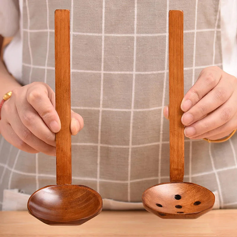 Japanese Spoon Long-Handled Soup Bamboo Spoon Cooking Wooden Lamian Noodles Spoon Hot Pot Strainer Household Kitchen Accessories