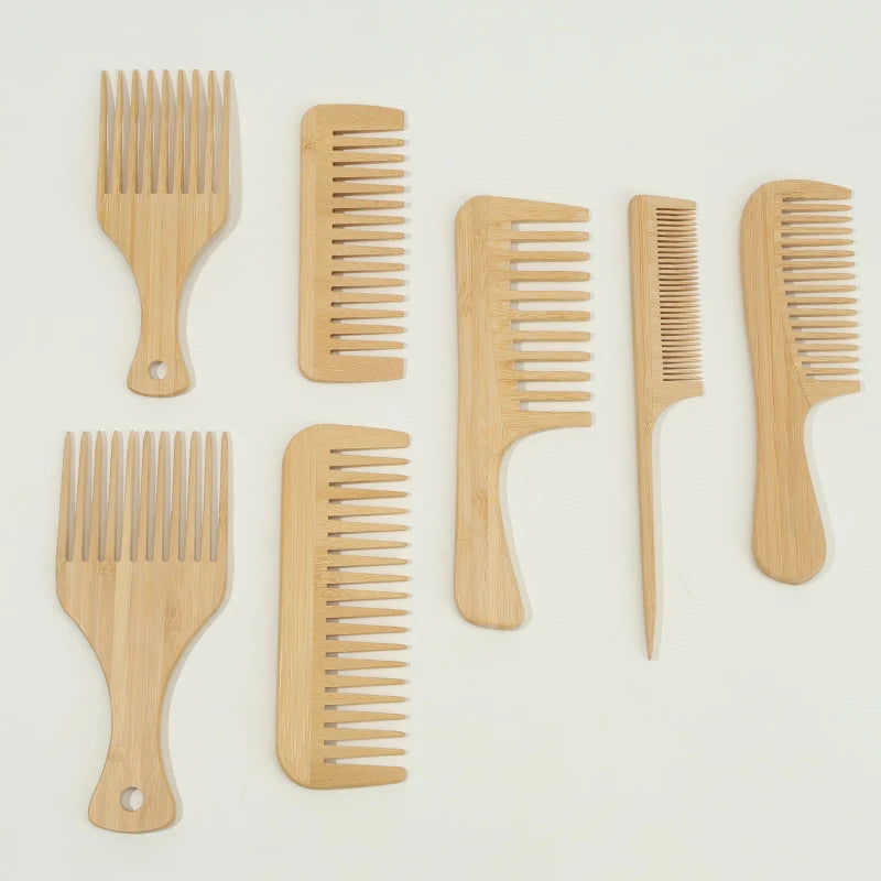 1pcs/7pcs Multiple Types Natural Bamboo & Wood Handmade Wooden Combs Collection, Wide & Fine Teeth
