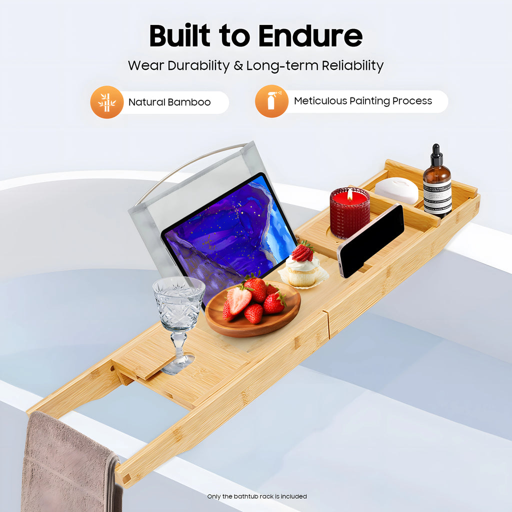Bamboo Bathtub Tray  Expandable Bath Tray  Single Box+Soap Box  Waterproof Cloth  Hold Items  Log Color  for Bathrooms