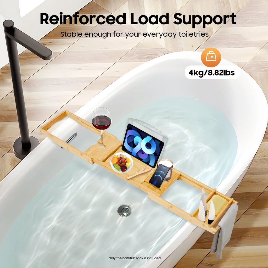 Bamboo Bathtub Tray  Expandable Bath Tray  Single Box+Soap Box  Waterproof Cloth  Hold Items  Log Color  for Bathrooms
