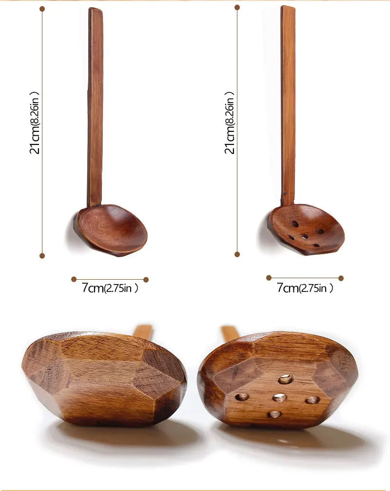 Japanese Spoon Long-Handled Soup Bamboo Spoon Cooking Wooden Lamian Noodles Spoon Hot Pot Strainer Household Kitchen Accessories