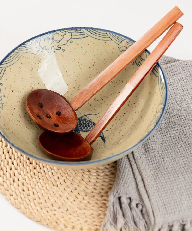 Japanese Spoon Long-Handled Soup Bamboo Spoon Cooking Wooden Lamian Noodles Spoon Hot Pot Strainer Household Kitchen Accessories