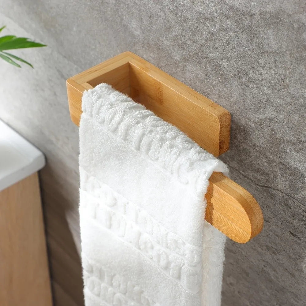 Durable Adhesive Bamboo Wooden Towel Rack Waterproof Toilet Storage Bathroom Organizer Wall-Mounted No Drill Shelf Bathroom