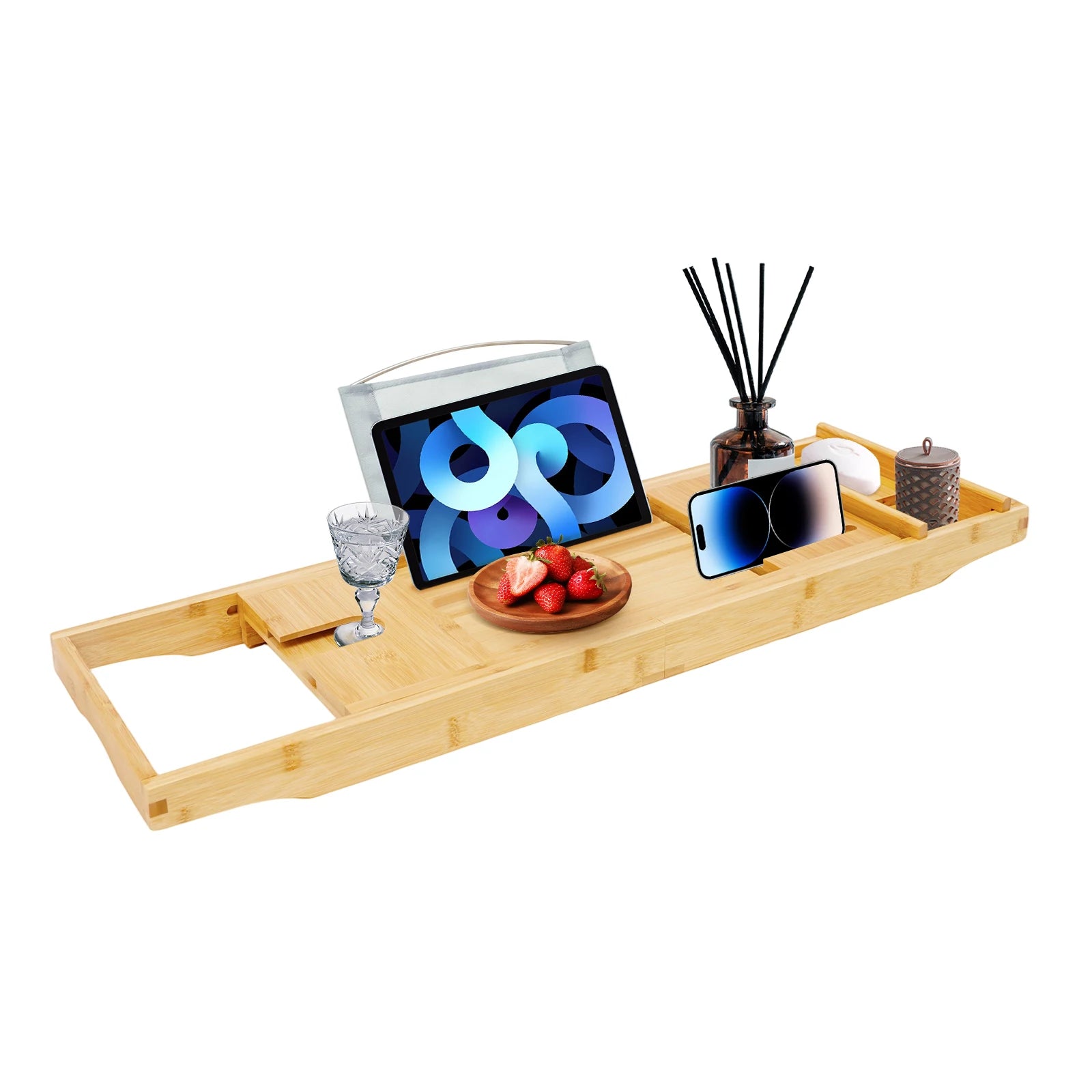 Bamboo Bathtub Tray  Expandable Bath Tray  Single Box+Soap Box  Waterproof Cloth  Hold Items  Log Color  for Bathrooms