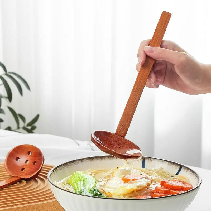 Japanese Spoon Long-Handled Soup Bamboo Spoon Cooking Wooden Lamian Noodles Spoon Hot Pot Strainer Household Kitchen Accessories